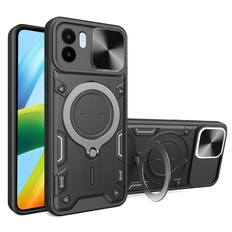 Dark gray CD texture phone case with magnetic sliding ring stand and camshield cover