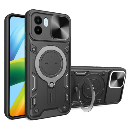 Dark gray CD texture phone case with magnetic sliding ring stand and camshield cover