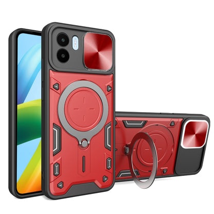 Red textured phone case with magnetic ring stand and sliding camera shield