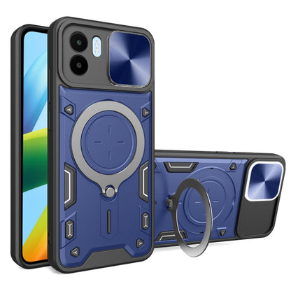 Blue textured phone case with magnetic ring stand and sliding camera shield