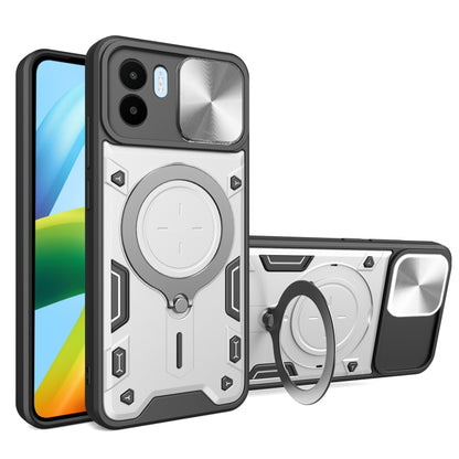 Silver textured phone case with magnetic ring stand and sliding camera shield