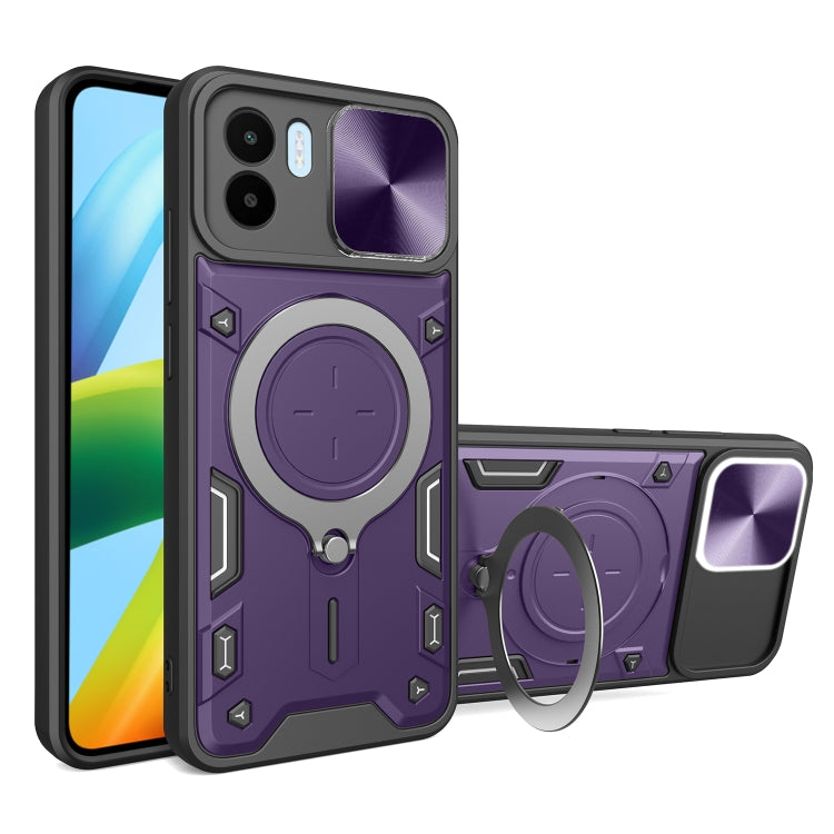 Purple textured phone case with magnetic ring stand and sliding camera shield