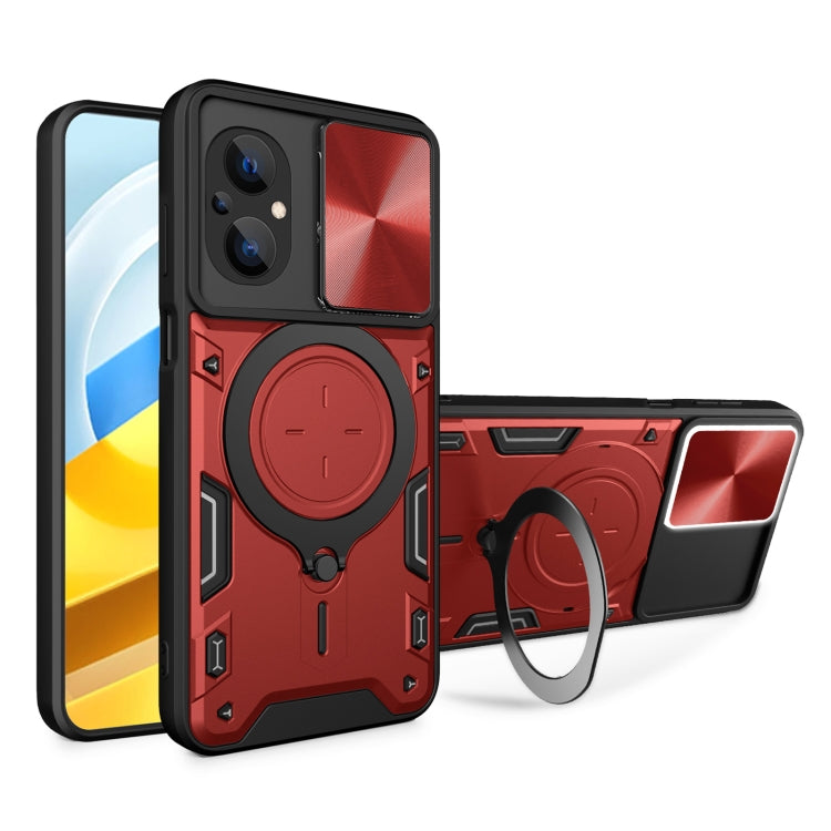 Red CD texture phone case with magnetic sliding ring stand and camshield cover