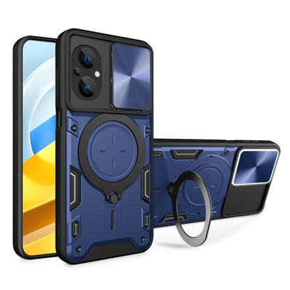 Blue CD texture phone case with magnetic sliding ring stand and camshield cover