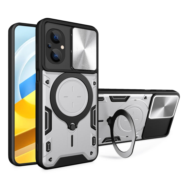 Silver CD texture phone case with magnetic sliding ring stand and camshield cover