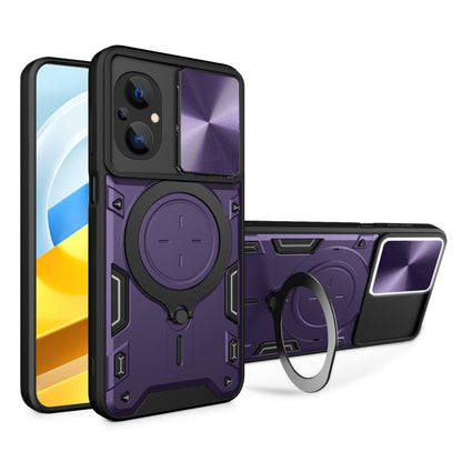 Purple CD texture phone case with magnetic sliding ring stand and camshield cover
