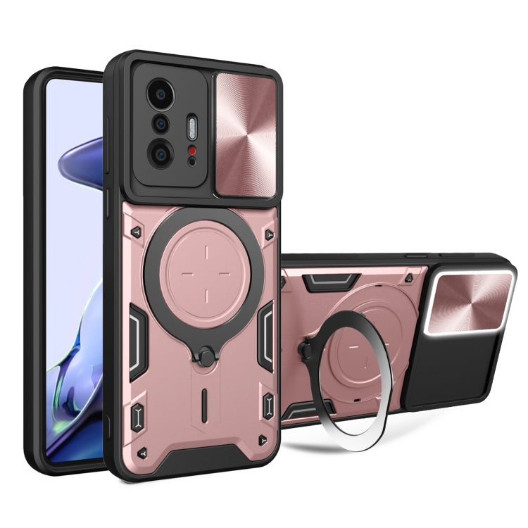 Pink rugged magnetic phone case with sliding camshield and round kickstand