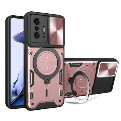 Pink rugged magnetic phone case with sliding camshield and round kickstand