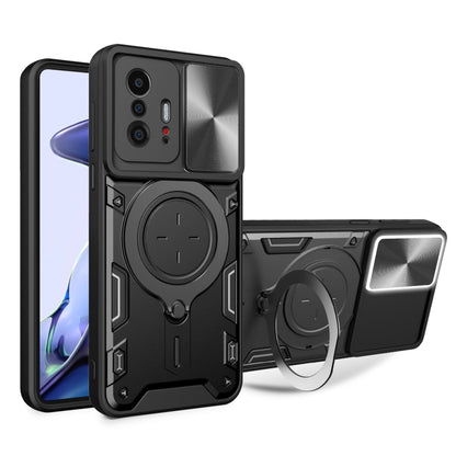 Black rugged magnetic phone case with sliding camshield and round kickstand