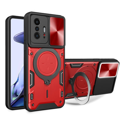 Red rugged magnetic phone case with sliding camshield and round kickstand
