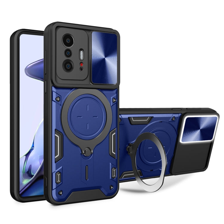 Blue rugged magnetic phone case with sliding camshield and round kickstand