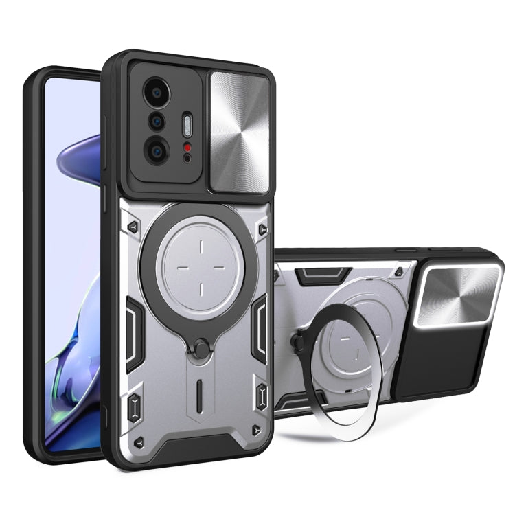 Silver rugged magnetic phone case with sliding camshield and round kickstand