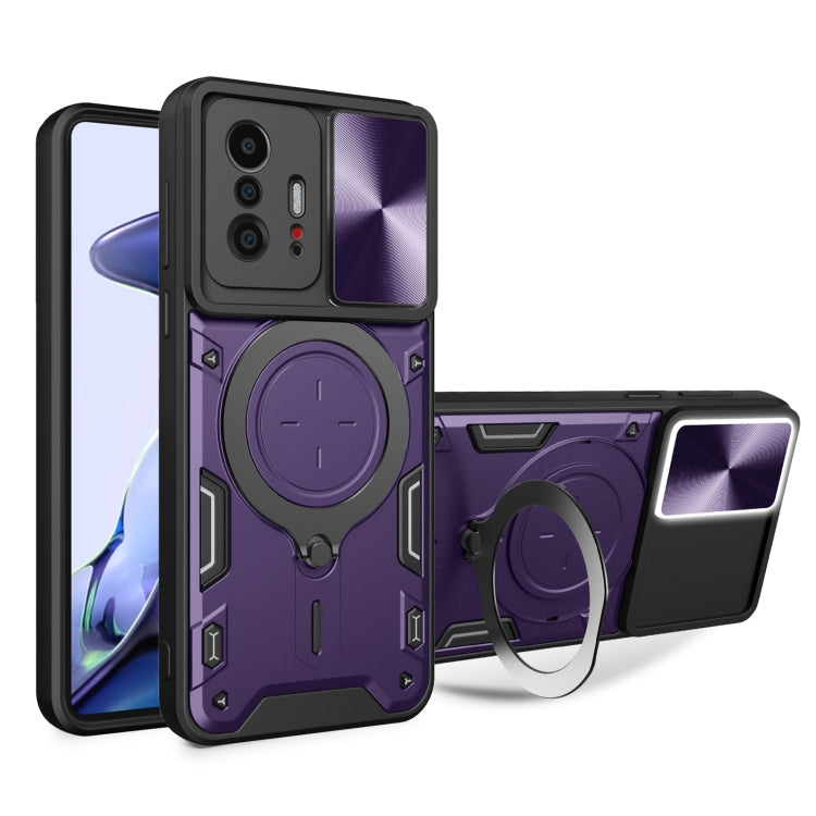 Purple rugged magnetic phone case with sliding camshield and round kickstand