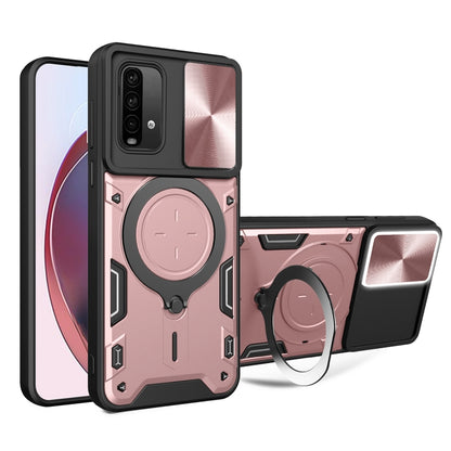 Pink textured sliding camshield phone case with magnetic ring holder and camera cover