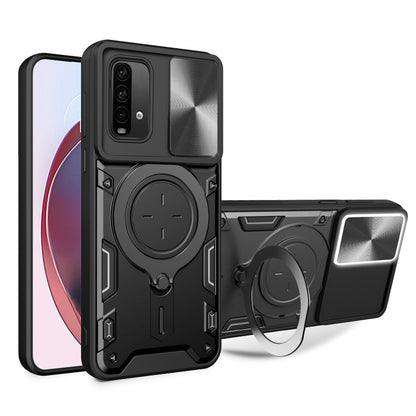 Black textured sliding camshield phone case with magnetic ring holder and camera cover