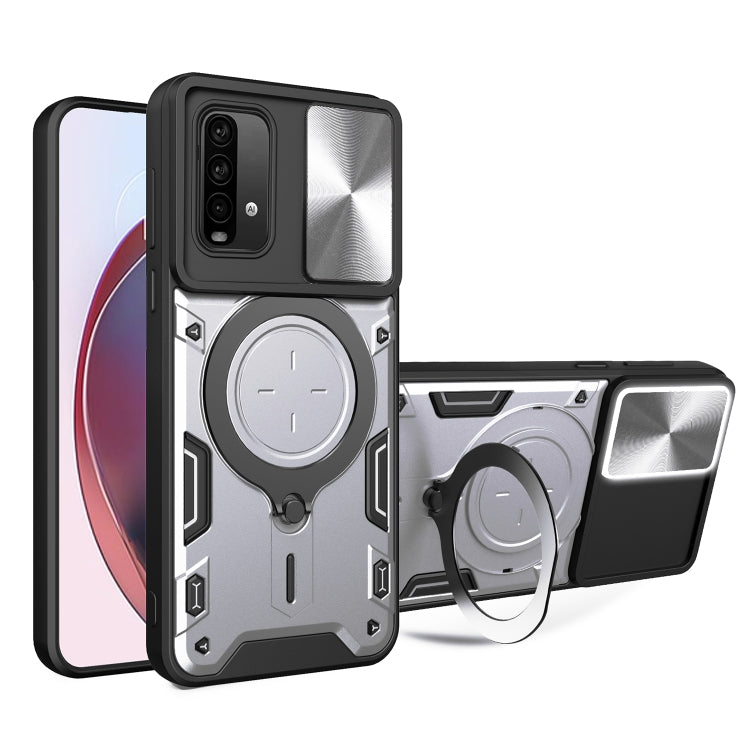 Black CD-texture phone case with sliding magnetic camshield and circular grip holder