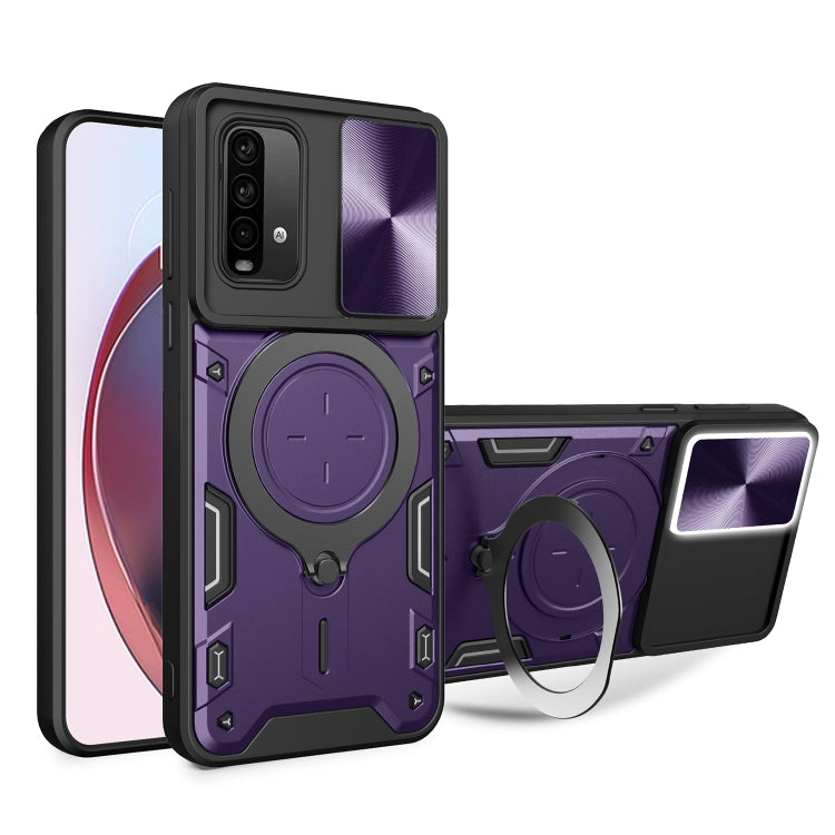 Purple CD-texture phone case with sliding magnetic camshield and circular grip holder