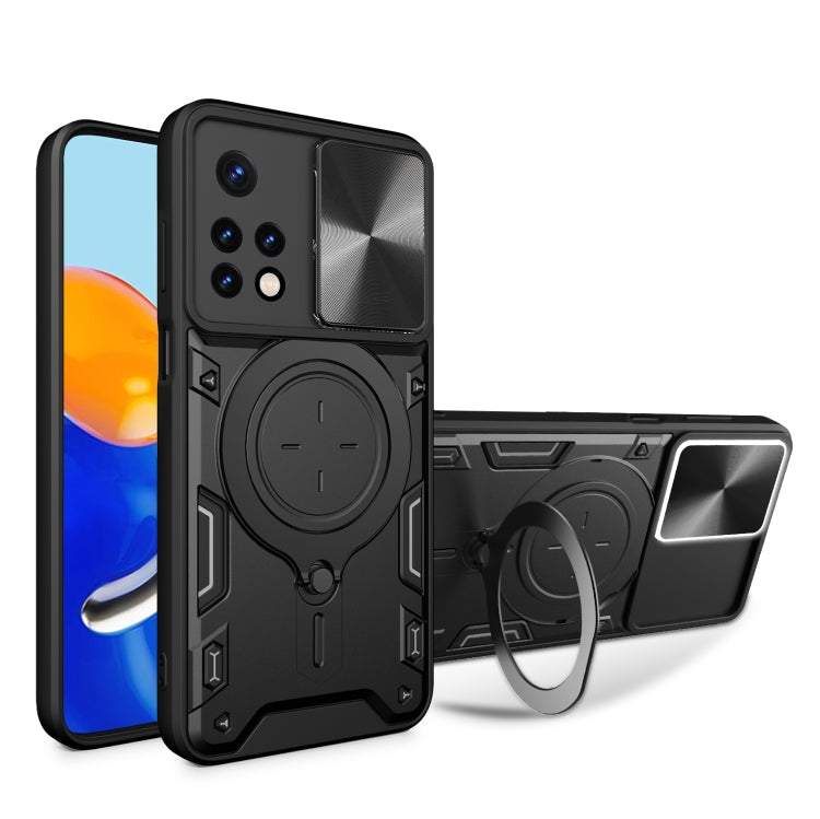 Black textured phone case with magnetic ring stand and sliding camera shield
