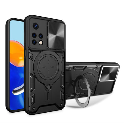 Black textured phone case with magnetic ring stand and sliding camera shield