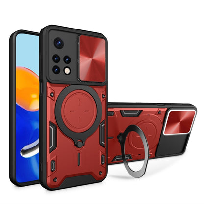Red textured phone case with magnetic ring stand and sliding camera shield