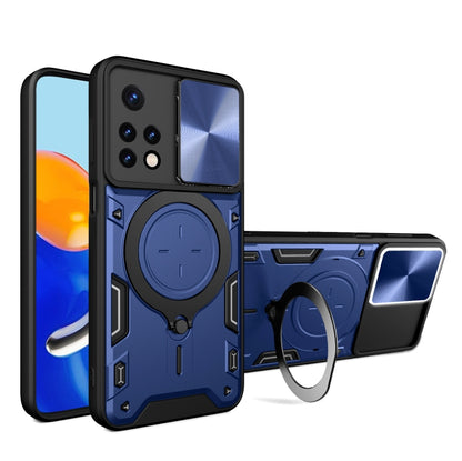 Blue textured phone case with magnetic ring stand and sliding camera shield
