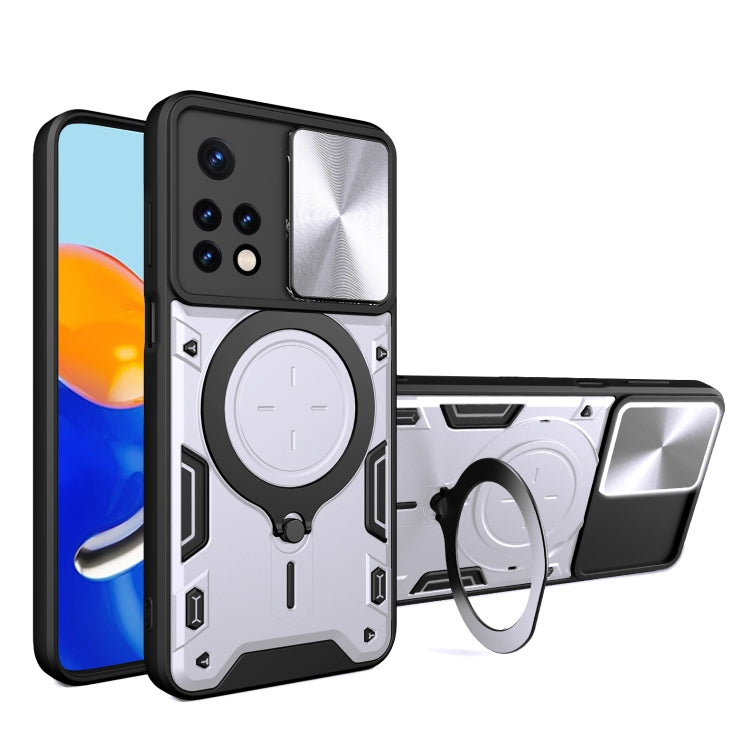 White textured phone case with magnetic ring stand and sliding camera shield