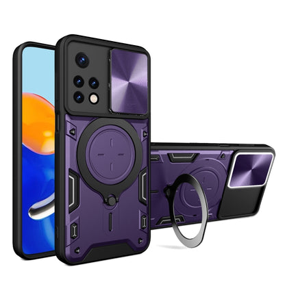 Purple textured phone case with magnetic ring stand and sliding camera shield
