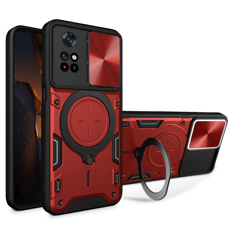 Red sliding camshield magnetic phone case with circular ring holder and CD texture