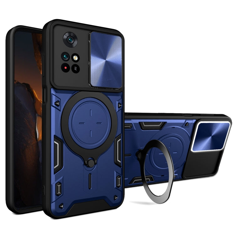 Blue sliding camshield magnetic phone case with circular ring holder and CD texture