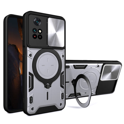 Silver phone case with sliding camera shield and magnetic ring holder, rugged black edges