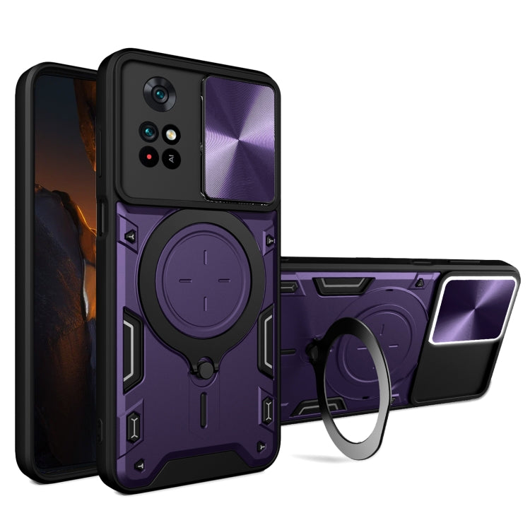 Purple phone case with sliding camera shield and magnetic ring holder, rugged black trim
