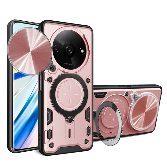 Pink phone case with magnetic sliding cam shield and rotating lens holder ring