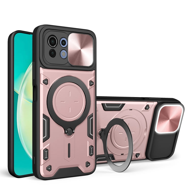 Pink rugged magnetic phone case with sliding camshield and circular kickstand ring