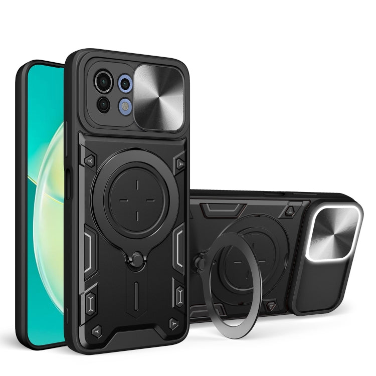 Black rugged magnetic phone case with sliding camshield and circular kickstand ring