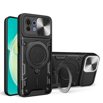 Black rugged magnetic phone case with sliding camshield and circular kickstand ring