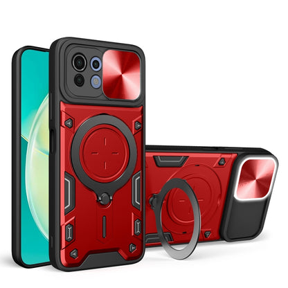 Red rugged magnetic phone case with sliding camshield and circular kickstand ring