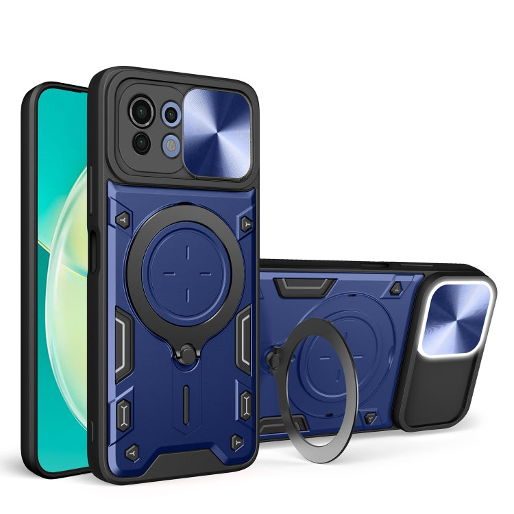 Blue rugged magnetic phone case with sliding camshield and circular kickstand ring
