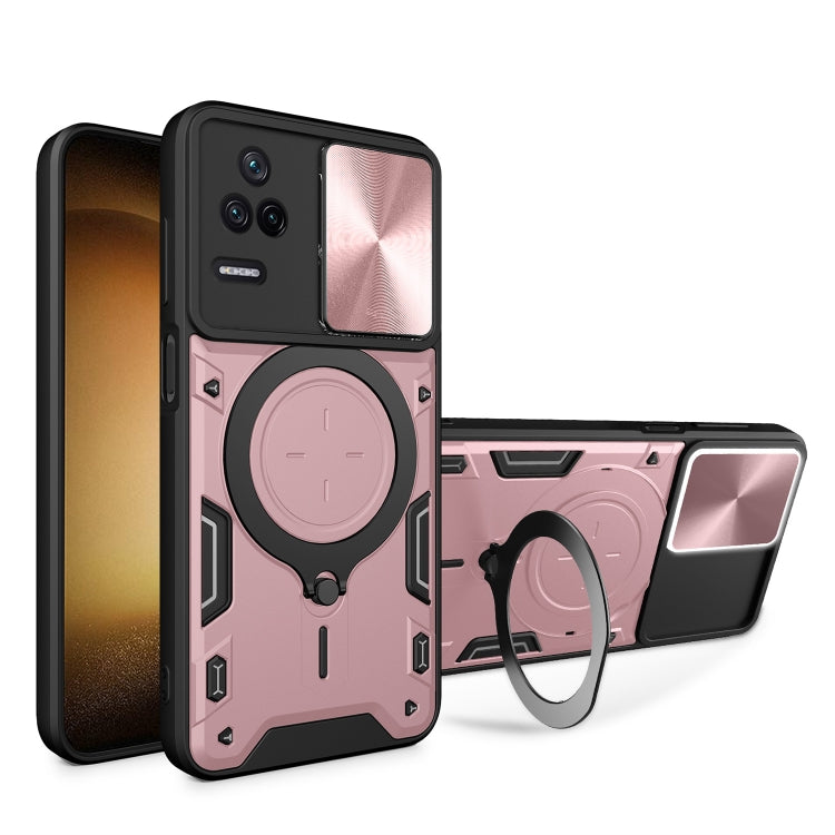 Pink CD-texture sliding camshield magnetic phone case with circular ring holder