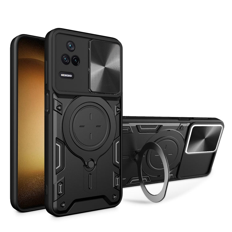 Black CD-texture sliding camshield magnetic phone case with circular ring holder