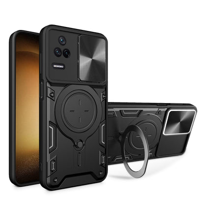 Black CD-texture sliding camshield magnetic phone case with circular ring holder