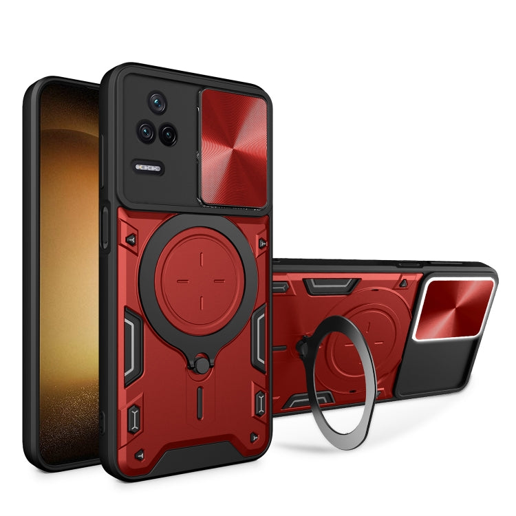 Red CD-texture sliding camshield magnetic phone case with circular ring holder