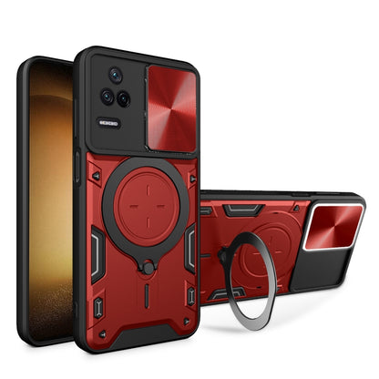 Red CD-texture sliding camshield magnetic phone case with circular ring holder