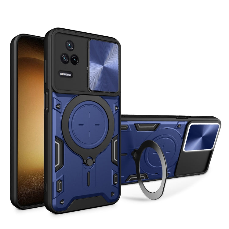 Blue CD-texture sliding camshield magnetic phone case with circular ring holder
