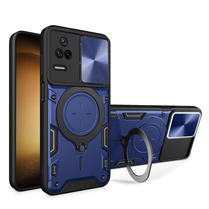 Blue CD-texture sliding camshield magnetic phone case with circular ring holder