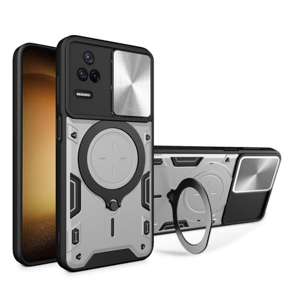 Silver CD-texture sliding camshield magnetic phone case with circular ring holder