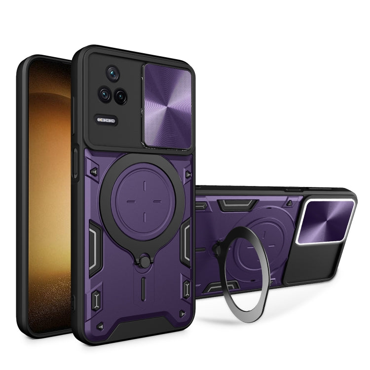 Purple CD-texture sliding camshield magnetic phone case with circular ring holder
