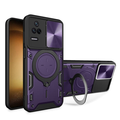 Purple CD-texture sliding camshield magnetic phone case with circular ring holder