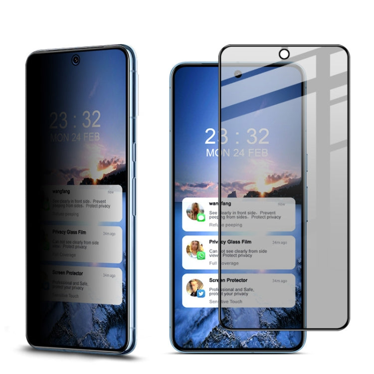Privacy tempered glass screen protector on smartphone, shows front camera cutout