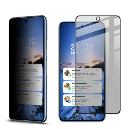 Privacy tempered glass screen protector on smartphone, shows front camera cutout