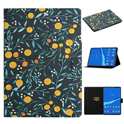 Floral leather tablet case with card slots and stand, dark blue citrus and leaf pattern